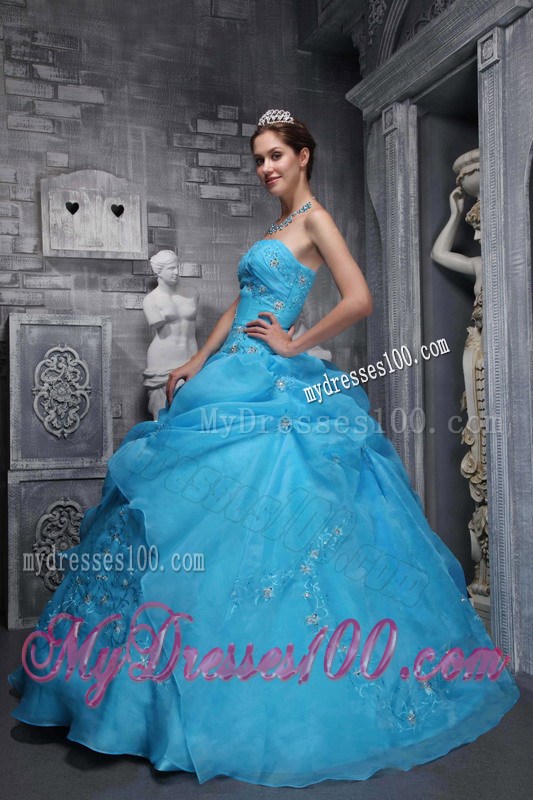 Embroidery Pick-ups Strapless Aqua Blue Puffy Quinceanera Dresses