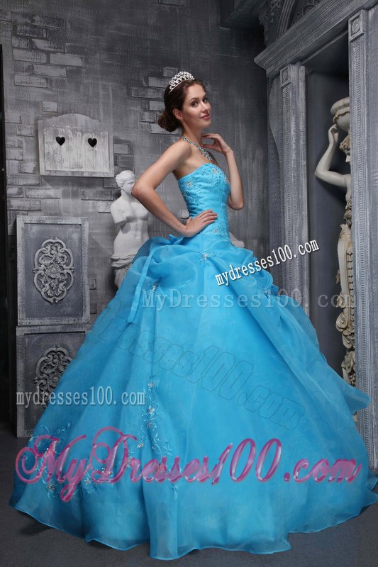 Embroidery Pick-ups Strapless Aqua Blue Puffy Quinceanera Dresses