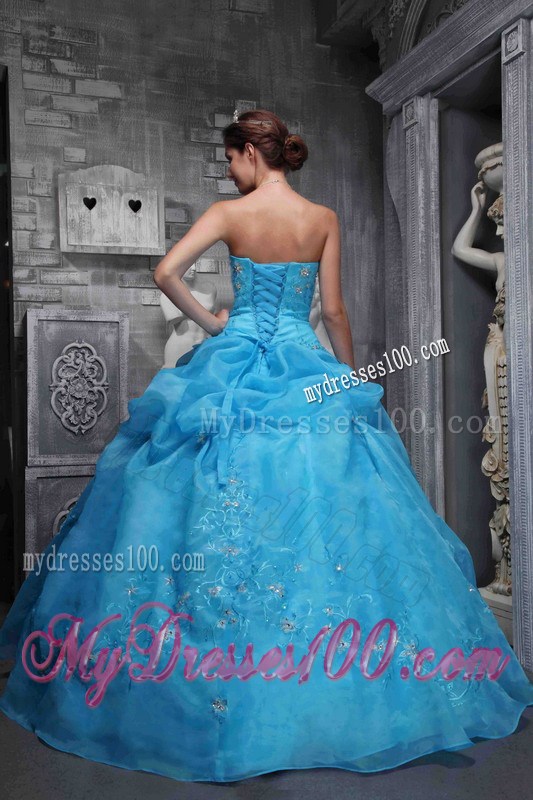 Embroidery Pick-ups Strapless Aqua Blue Puffy Quinceanera Dresses