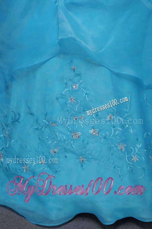 Embroidery Pick-ups Strapless Aqua Blue Puffy Quinceanera Dresses