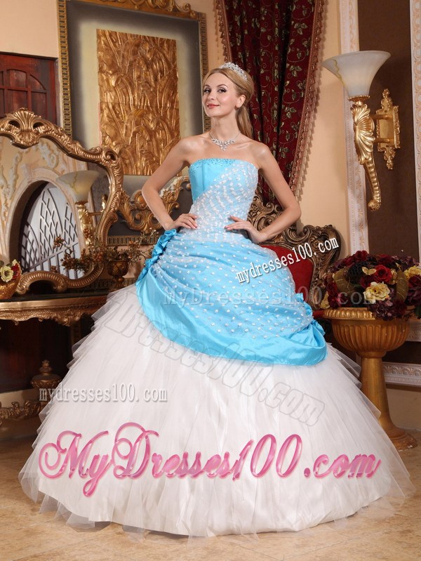 Handmade Flowers Aqua Blue and White Quinceanera Dresses Ball Gown