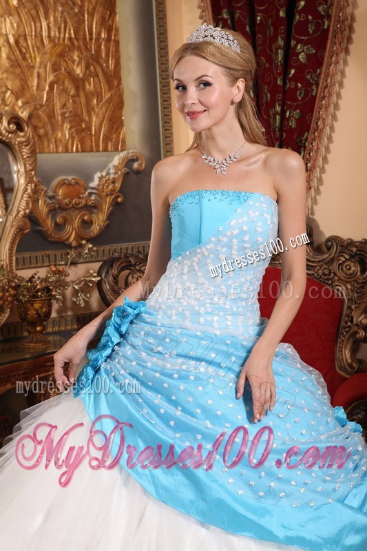 Handmade Flowers Aqua Blue and White Quinceanera Dresses Ball Gown