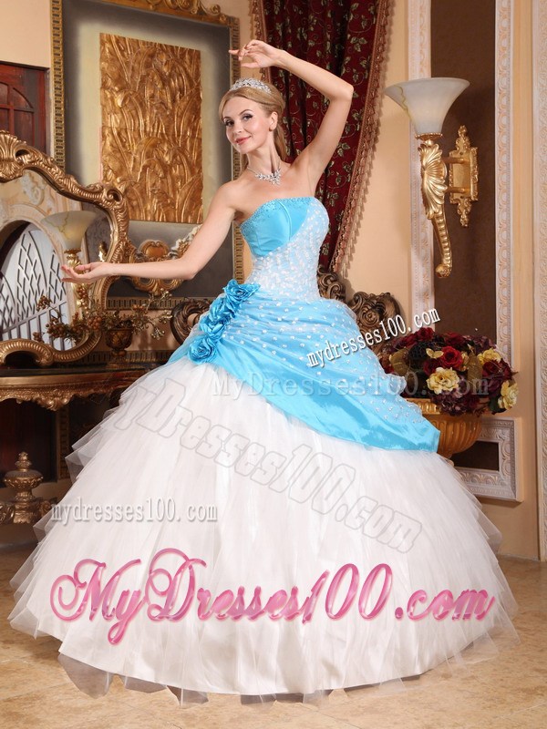 Handmade Flowers Aqua Blue and White Quinceanera Dresses Ball Gown
