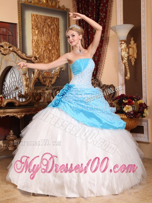 Handmade Flowers Aqua Blue and White Quinceanera Dresses Ball Gown