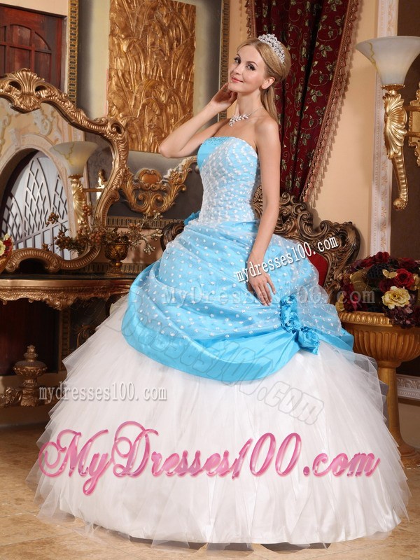 Handmade Flowers Aqua Blue and White Quinceanera Dresses Ball Gown