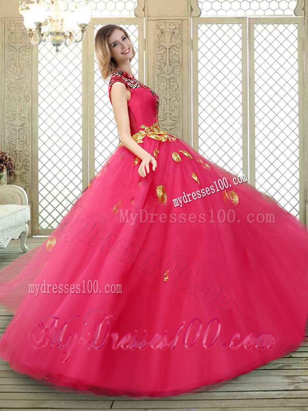 Beautiful High Neck Cap Sleeves Quinceanera Dresses with Appliques