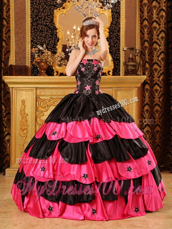 Star Pattern Black and Hot Pink Quinceanera Dresses Ruffle Layers