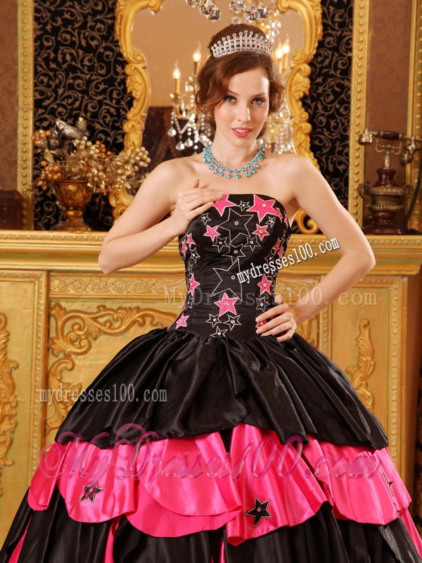 Star Pattern Black and Hot Pink Quinceanera Dresses Ruffle Layers