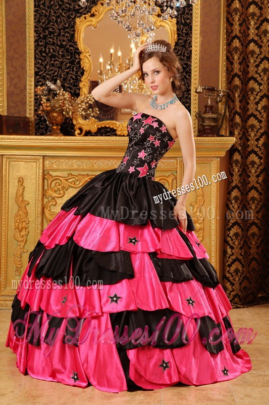Star Pattern Black and Hot Pink Quinceanera Dresses Ruffle Layers