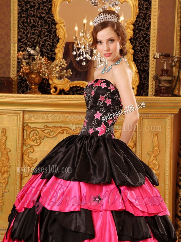 Star Pattern Black and Hot Pink Quinceanera Dresses Ruffle Layers