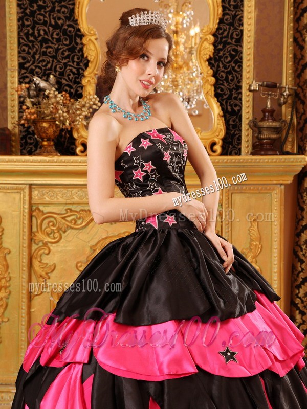 Star Pattern Black and Hot Pink Quinceanera Dresses Ruffle Layers