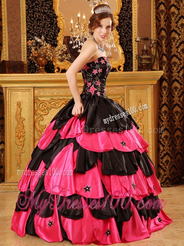 Star Pattern Black and Hot Pink Quinceanera Dresses Ruffle Layers