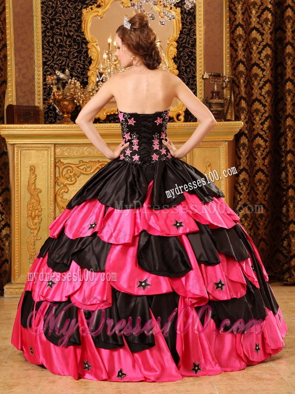 Star Pattern Black and Hot Pink Quinceanera Dresses Ruffle Layers