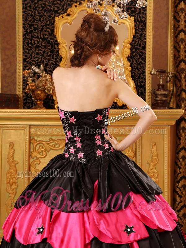 Star Pattern Black and Hot Pink Quinceanera Dresses Ruffle Layers