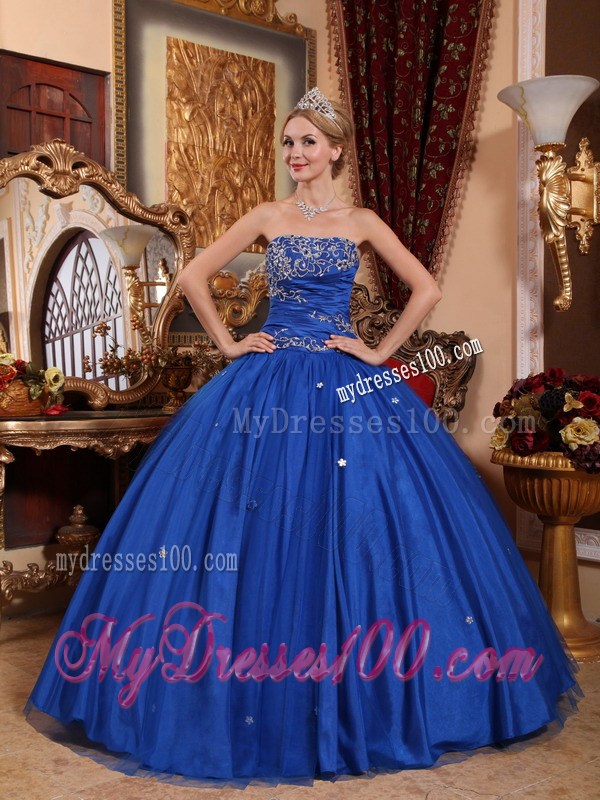 Fashionable Lace Appliques Blue Strapless Dress for Quince Floor Length