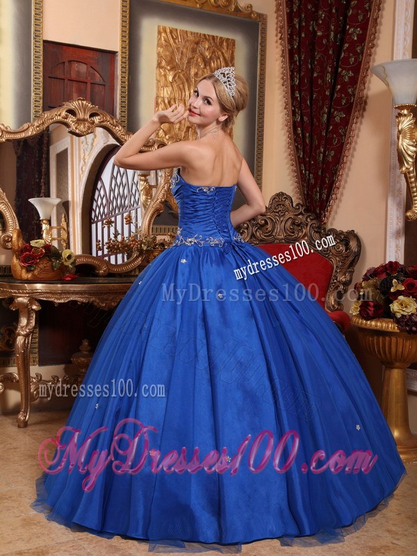 Fashionable Lace Appliques Blue Strapless Dress for Quince Floor Length