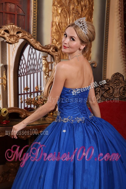 Fashionable Lace Appliques Blue Strapless Dress for Quince Floor Length