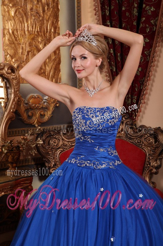 Fashionable Lace Appliques Blue Strapless Dress for Quince Floor Length