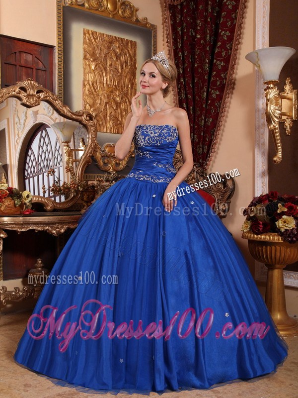 Fashionable Lace Appliques Blue Strapless Dress for Quince Floor Length