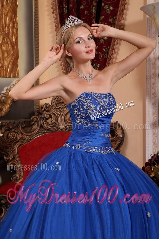 Fashionable Lace Appliques Blue Strapless Dress for Quince Floor Length