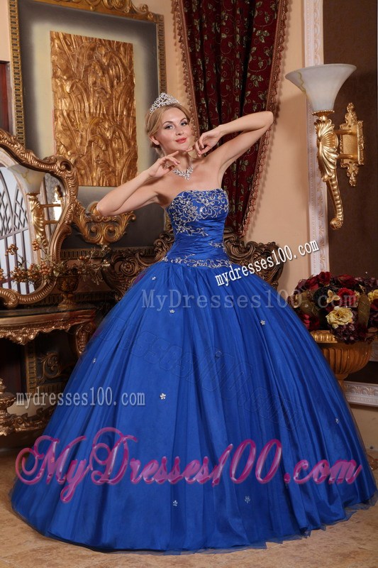 Fashionable Lace Appliques Blue Strapless Dress for Quince Floor Length