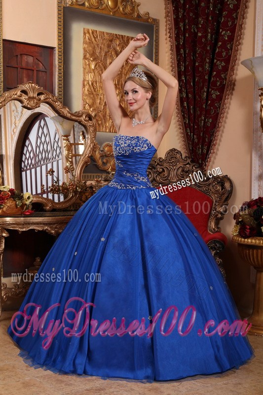 Fashionable Lace Appliques Blue Strapless Dress for Quince Floor Length