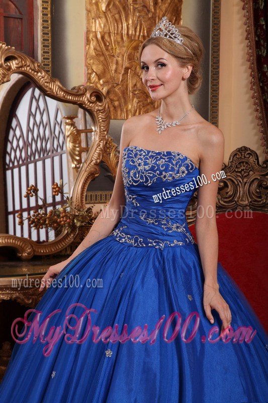 Fashionable Lace Appliques Blue Strapless Dress for Quince Floor Length