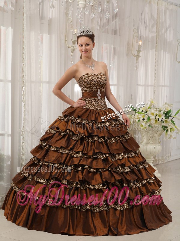 Brown Ball Gown Sweetheart Floor-length Taffeta and Zebra or Leopard Ruffles Quinceanera Dress