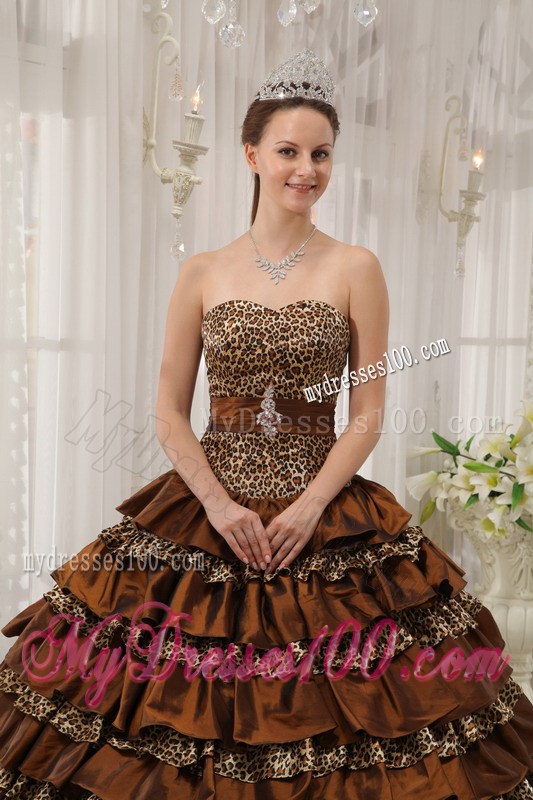 Brown Ball Gown Sweetheart Floor-length Taffeta and Zebra or Leopard Ruffles Quinceanera Dress