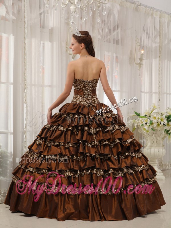 Brown Ball Gown Sweetheart Floor-length Taffeta and Zebra or Leopard Ruffles Quinceanera Dress