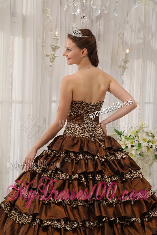 Brown Ball Gown Sweetheart Floor-length Taffeta and Zebra or Leopard Ruffles Quinceanera Dress