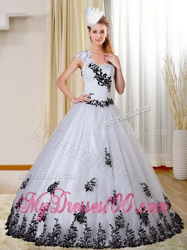 Cheap One Shoulder White and Black Quinceanera Dress with Appliques for 2016