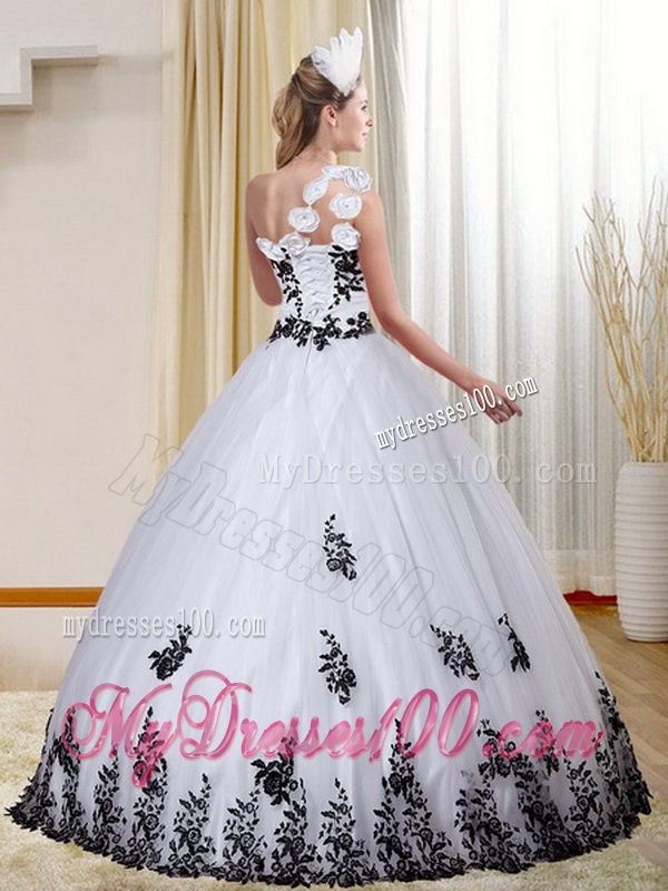 Cheap One Shoulder White and Black Quinceanera Dress with Appliques for 2016