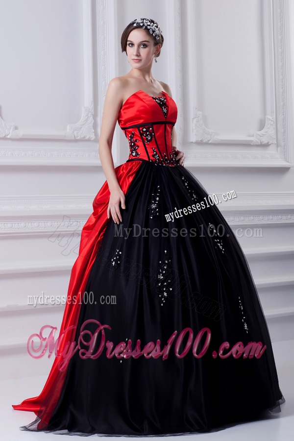 Cheap Strapless Appliques Pick-ups Black and Red Quinceanera Dress with Brush Train