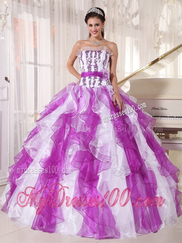 Wonderful Purple and White Ruffles Strapless Quinceanera Dresses Hot Sale