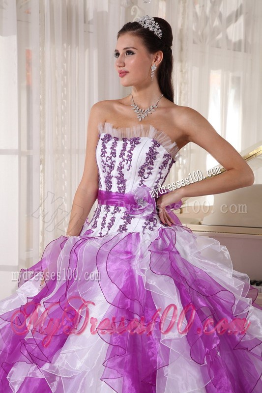 Wonderful Purple and White Ruffles Strapless Quinceanera Dresses Hot Sale