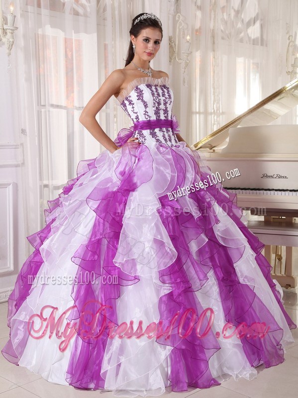 Wonderful Purple and White Ruffles Strapless Quinceanera Dresses Hot Sale