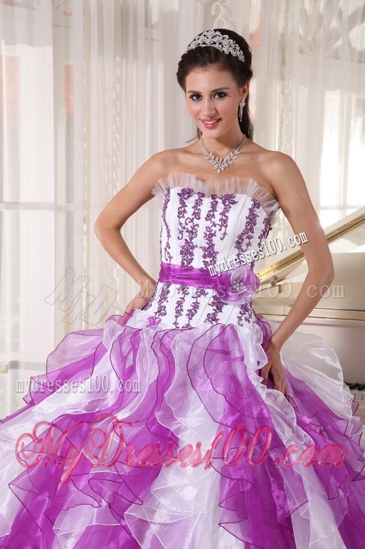 Wonderful Purple and White Ruffles Strapless Quinceanera Dresses Hot Sale
