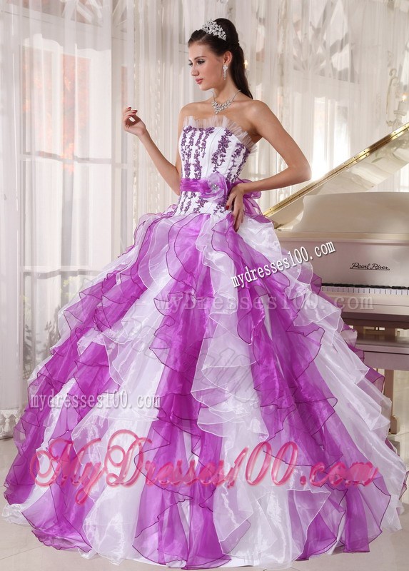 Wonderful Purple and White Ruffles Strapless Quinceanera Dresses Hot Sale