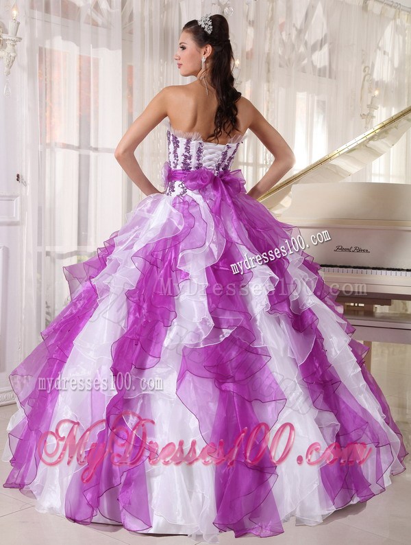 Wonderful Purple and White Ruffles Strapless Quinceanera Dresses Hot Sale