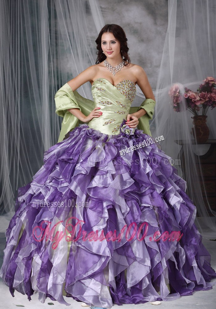 Special Ruffles Beaded Yellow Green and Purple Quinceanera Dresses