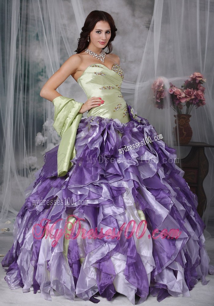 Special Ruffles Beaded Yellow Green and Purple Quinceanera Dresses