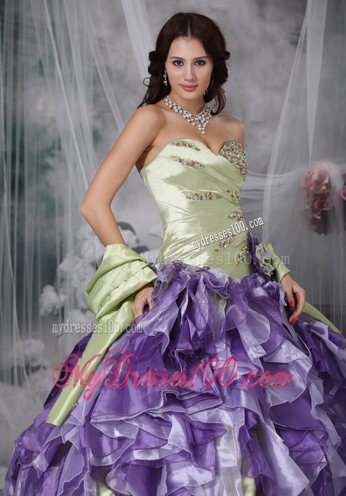 Special Ruffles Beaded Yellow Green and Purple Quinceanera Dresses