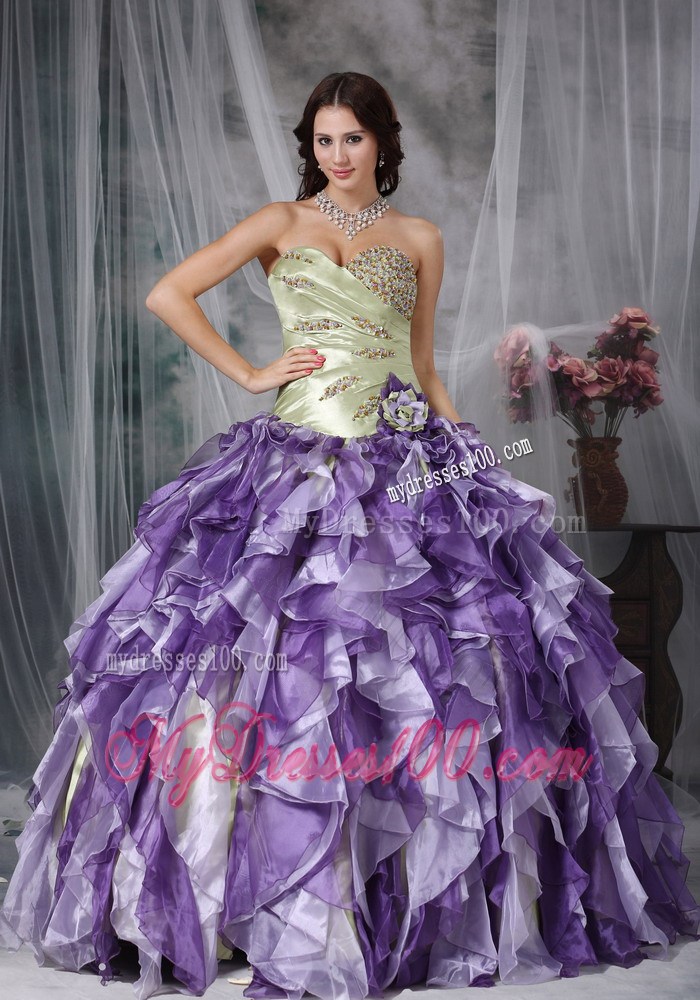 Special Ruffles Beaded Yellow Green and Purple Quinceanera Dresses