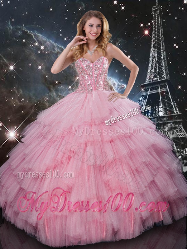 Comfortable Beaded Ball Gown Pink Sweet 16 Dresses with Floor Length