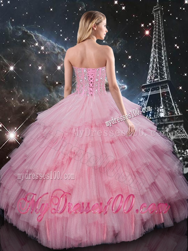 Comfortable Beaded Ball Gown Pink Sweet 16 Dresses with Floor Length