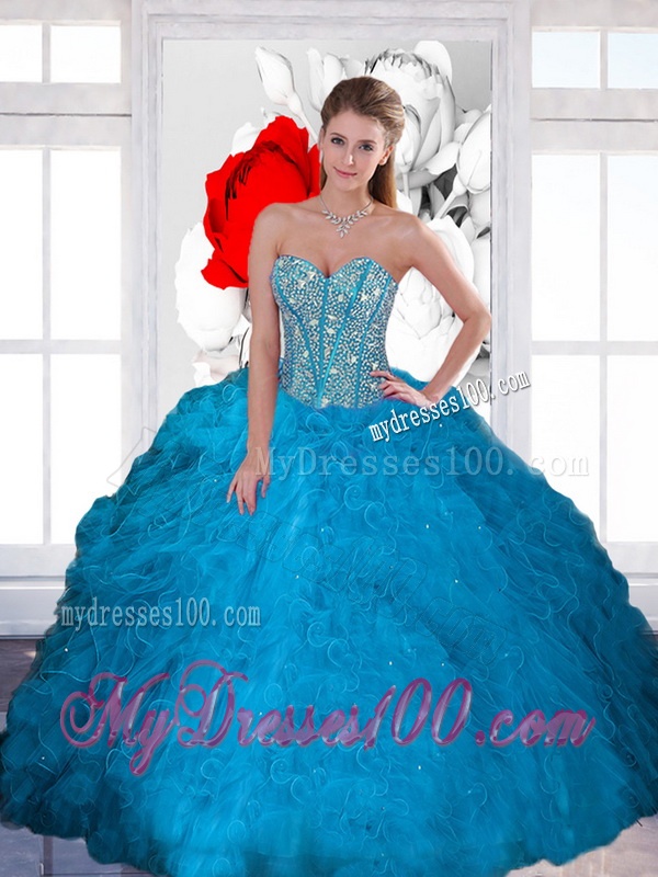 Decent Beading and Ruffles Sweetheart Teal Quinceanera Dresses for 2016