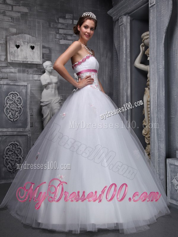 Cute Taffeta and Tulle Appliques White Quinceanera Dresses