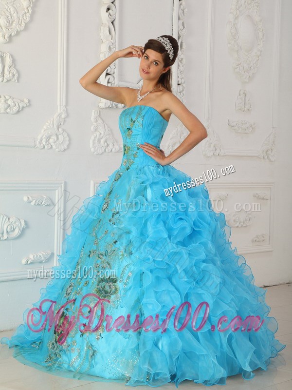 Best Seller Embroidery Rolling Flower Aqua Blue Quinceanera Dresses