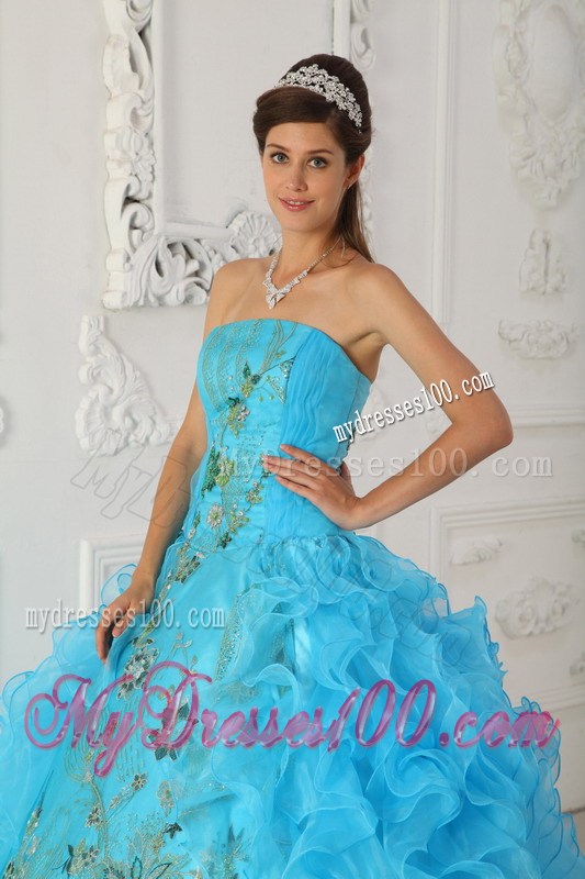 Best Seller Embroidery Rolling Flower Aqua Blue Quinceanera Dresses